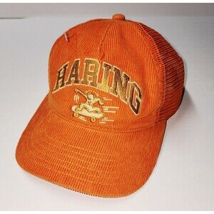 KEITH HARING x Mad Engine Hat Cap Snapback Orange Corduroy Mesh Back Skateboard